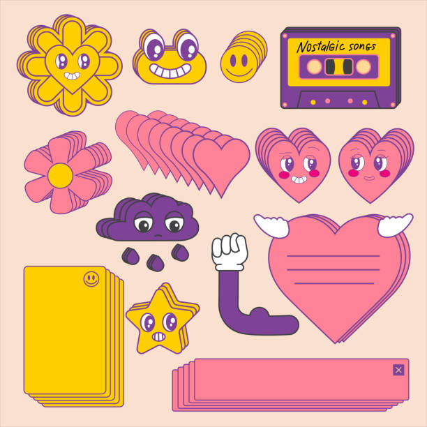 istock Set of groovy retro stickers.  70s cartoon style. 1469781329