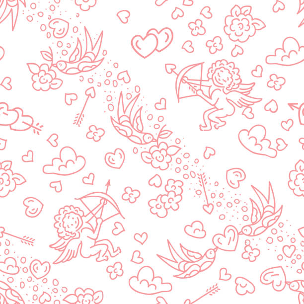 발렌타인 데이 매끄러운 벡터 패턴 패턴 큐피드 - valentines day heart shape backgrounds star shape stock illustrations