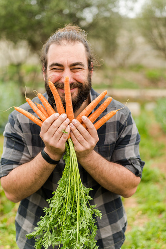 Happy farmer showing a bunch of carrots in an organic garden