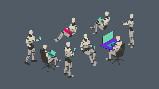 Eight robots use laptops, tablets, mobile devices, and a desktop computer. Human-like, mechanical bots are shown seated and standing. A technology theme is emphasized by the flat color palette, including bold purple, turquoise, and magenta highlights on a dark gray background. Conceptual illustration is presented in isometric view on a 16x9 artboard, using vector shapes throughout.