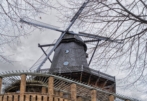 Historical, brick building of the engine room in former coal mine 'Michal' in Siemianowice , Silesia, Poland seen through the steel construction of a mine shaft tower Krystyn'.