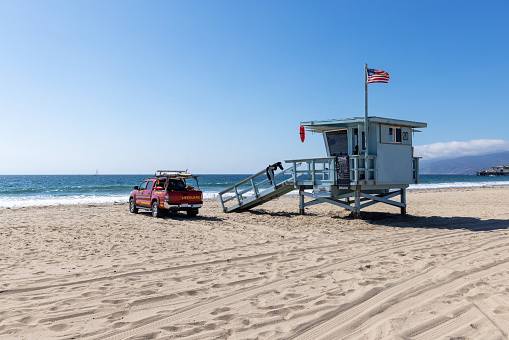 Lifeguard Tower and car on Manhattan Beach in Los Angeles, California