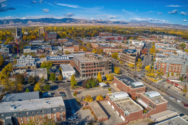 Aerial View of Downtown Fort Collins, Colorado in Autumn stock photo