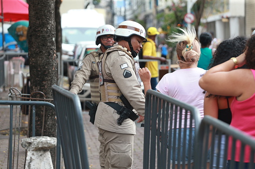 salvador, bahia, brazil - february 20, 2023: military police working at the 2023 carnival circuit in the city of Salvador.