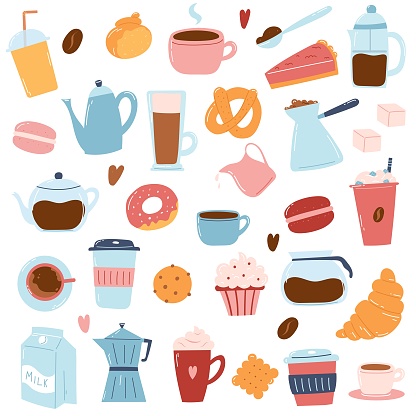 Big set of coffee items as coffee makers, cups, bakery, milk. Hand drawn icons in cartoon flat style.