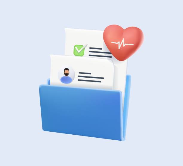 Medicine illustration 3D icons. 3D Health Insurance contract. Online healthcare services read patients medical history Medicine illustration 3D icons set. 3D Health Insurance contract. Online healthcare services read patients medical history and anamnesis for diagnosis. Electronic health record 3D Vector illustration cartoon of medical records stock illustrations