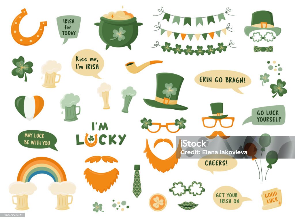 Photo Booth Props For St Patricks Day Isolated On White Photobooth Vector  Set In Green And Orange Hat Glasses Beer Garlands Pot Coins Rainbow  Horseshoe Clover Bubbles With Funny Quotes Stock Illustration -