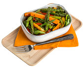 Vegetarian salad made with boiled asparagus, carrots and beans