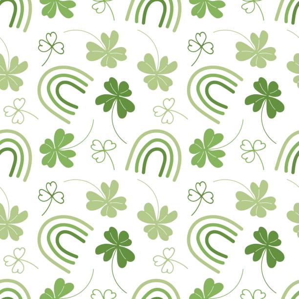 Floral seamless pattern. Saint Patricks day background with shamrock and patrick's rainbow. Doodle Vector illustration in green colors. Clover pattern. For wallpaper, invitation, wrapping, textiles. Floral seamless pattern. Saint Patricks day background with shamrock and patrick's rainbow. Doodle Vector illustration in green colors. Clover pattern. For wallpaper, invitation, wrapping, textiles pics for shamrocks to print stock illustrations
