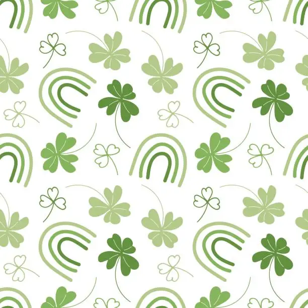 Vector illustration of Floral seamless pattern. Saint Patricks day background with shamrock and patrick's rainbow. Doodle Vector illustration in green colors. Clover pattern. For wallpaper, invitation, wrapping, textiles.