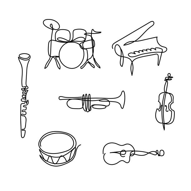 einzeiliges musikinstrumentendesign - writing instrument illustrations stock-grafiken, -clipart, -cartoons und -symbole