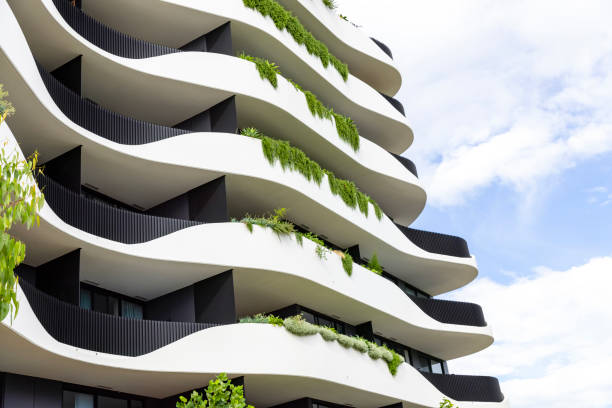 Closeup new, modern apartment building, background with copy space