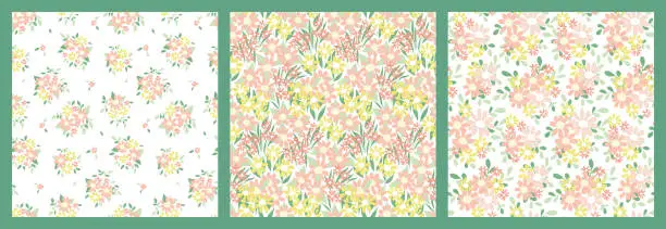 Vector illustration of Seamless floral pattern, cute ditsy print with spring botany in the collection: small flowers, leaves, bouquets on a white background. Vector.