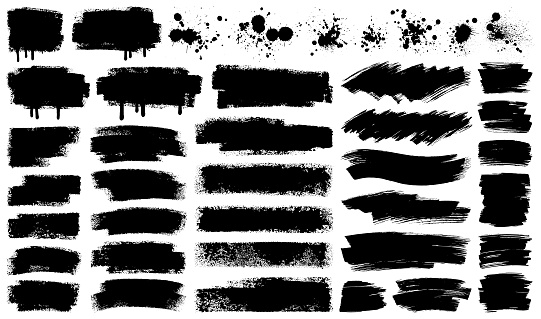 Set of ink splashes, paint strokes and backgrounds. Paint roller and brush stroke. Hand drawn design elements. Isolated vector grunge images black on white.