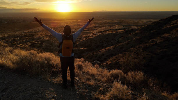 joyful hiking middle aged man majestic mountain sunset stock photo