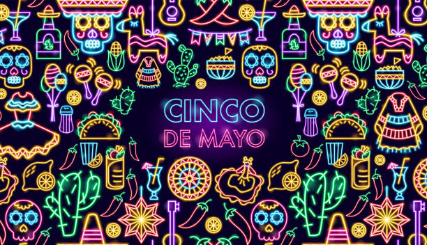 ilustraciones, imágenes clip art, dibujos animados e iconos de stock de cinco de mayo neon banner - mexican culture cinco de mayo backgrounds sombrero