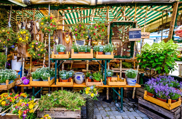 Munich, Germany - August 13: typical flower arrangements at a floristry in Munich on August 13, 2022
