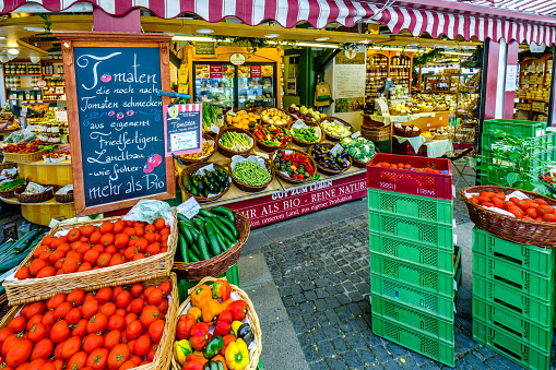 Munich, Germany - August 13: typical fresh fruit market stand at the old town of Munich on August 13, 2022