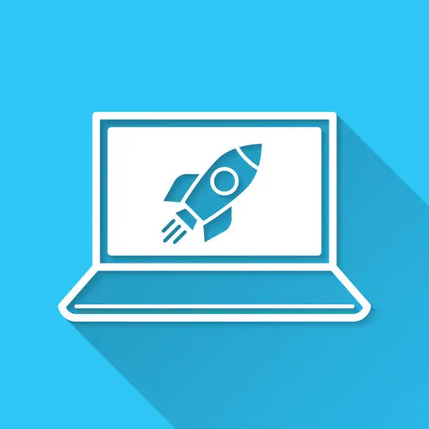 Vector illustration of Laptop with rocket. Icon on blue background - Flat Design with Long Shadow