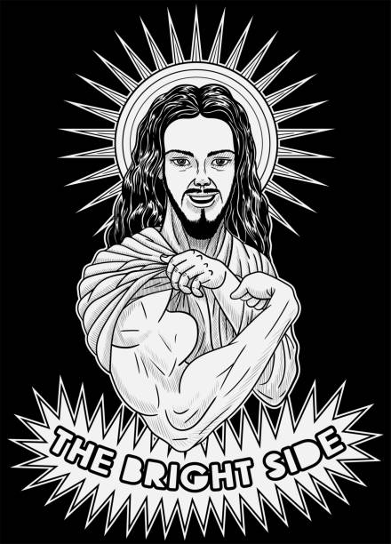 Jesus smiles and shows a big strong bicep on his arm. Kindness is the bright side, which has great power. dream believe tattoo stock illustrations