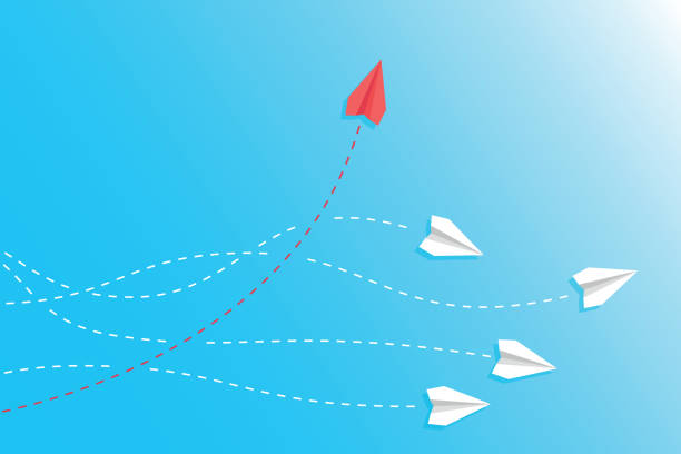 illustrations, cliparts, dessins animés et icônes de penser différemment concept. avion en papier rouge changeant de direction - unique
