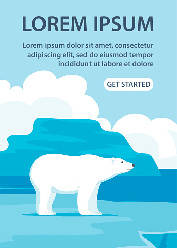 Big polar white bear. Wild mammal of the Arctic. Strong animal predator. White wool. Background with ice floes. Fauna and zoo. Design for poster, banner, website. Cartoon vector illustration banner