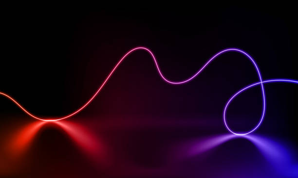 istock Abstract colorful neon background with wavy line glowing in the dark. Panoramic shine backdrop. 3d render. Lights rectangular line, luminous rays. Modern wave geometric shape. Vector illustration. 1469806636
