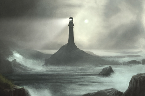 Illustration of lighthouse illuminating a marine bay, seascape