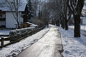 Paved path for walking between the trees. Walking path in winter. Snow-covered fields and an alley for walking between trees. Walking path along the alley in winter.