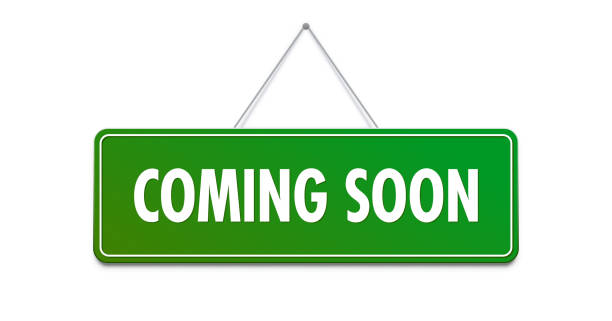 coming soon sign, opening announce banner, new arrival promo vector green signage. demnächst melden sie sich für im bau befindliche oder website-wartung oder promo-werbung an - store opening stock-grafiken, -clipart, -cartoons und -symbole