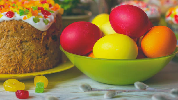 Homemade colorful Easter eggs. Background with Easter eggs. stock photo