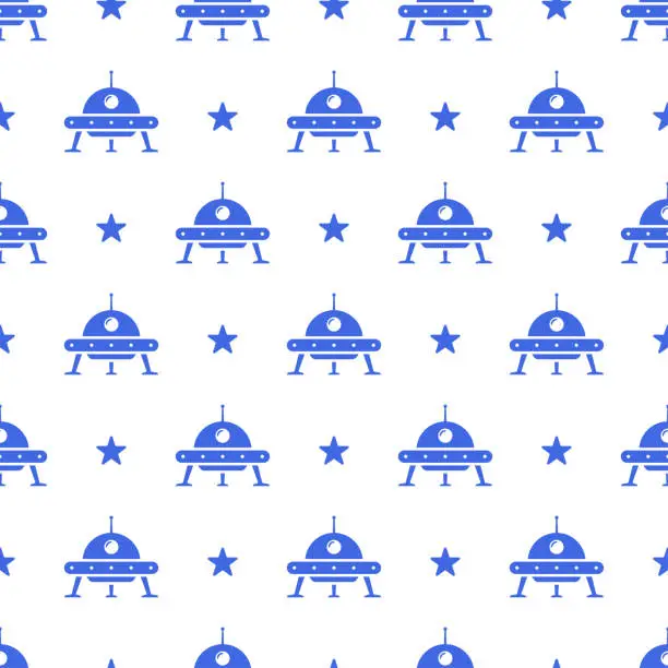 Vector illustration of Small blue flying saucers and stars isolated on white background. Cute monochrome seamless pattern. Vector simple flat graphic illustration. Texture.