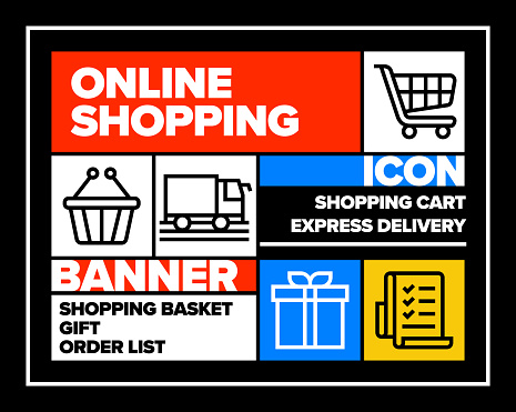 Online Shopping Line Icon Set and Banner Design