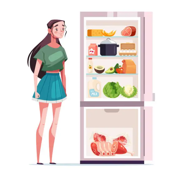 Vector illustration of Refrigerator full of food close and open isolated set. Vector graphic design element illustration