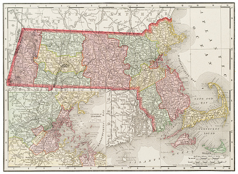 Map of the state of Massachusetts, USA 1899