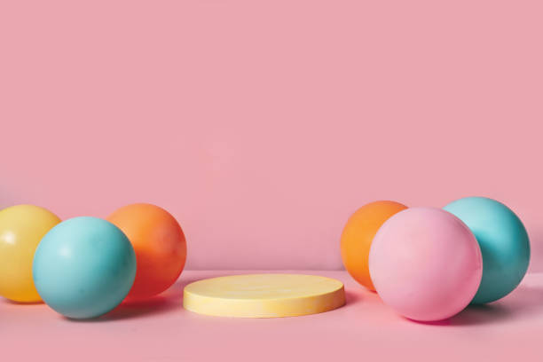 istock Product podium stage with pastel color balloons 1469814936