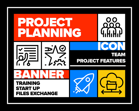 Project Planning Line Icon Set and Banner Design