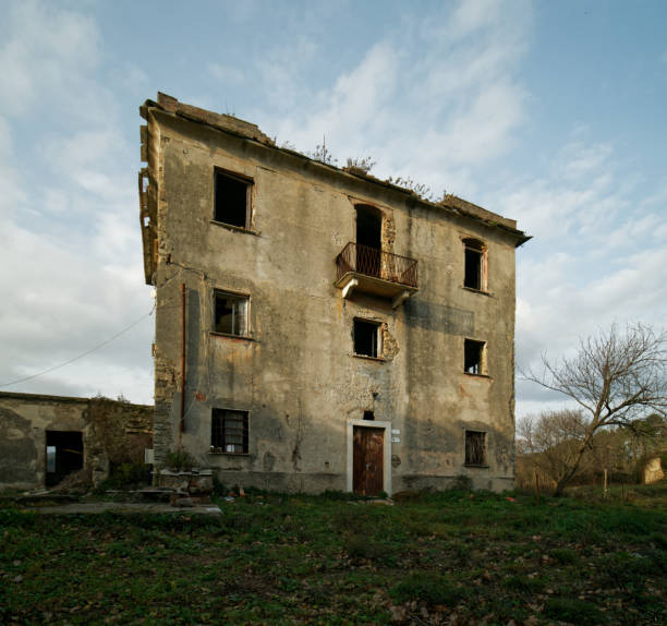 istock Old, abandoned, prairie farmhouse with trees, grass and blue sky 1469816280