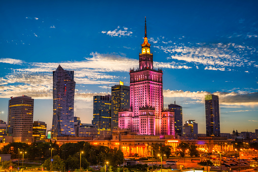 Early evening in Warsaw with the view on Palace of Science and Culture, Poland