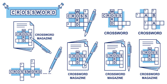 Crossword puzzle magazine, solve cross word in newspaper with writing pen line icon set. Logical education leisure game. Search text letter answer to question. Fill grid squares with keyword. Quiz, riddle, learning brain exercise on paper book page. Creative hobby. Outline vector