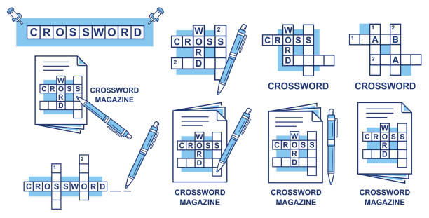Crossword puzzle magazine, solve cross word in newspaper with writing pen line icon set. Logical leisure game. Search answer to question. Grid squares for text. Riddle, brain exercise book page. Vector Crossword puzzle magazine, solve cross word in newspaper with writing pen line icon set. Logical education leisure game. Search text letter answer to question. Fill grid squares with keyword. Quiz, riddle, learning brain exercise on paper book page. Creative hobby. Outline vector word game stock illustrations