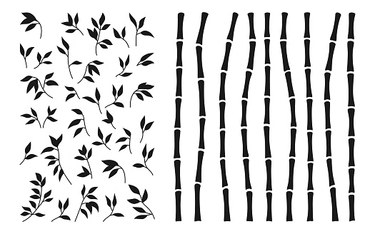 Bamboo stem and leaf silhouette set. Exotic decoration elements natural plant in engraving ink style. Hand drawing painted Asian traditional tree leaves, sticks bamboo ornament borders collection