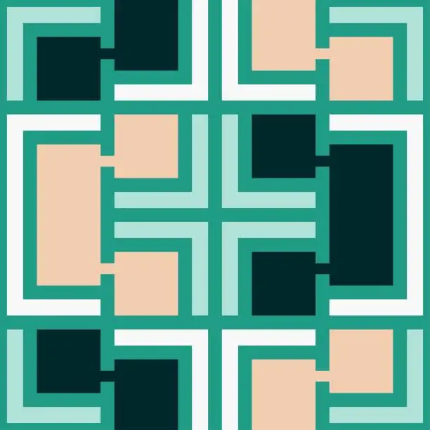 Vector illustration of Turquoise geometric pattern with a cross center and asymmetric blue and pink motifs