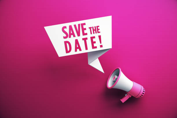 Megaphone and Save The Date Message On Speech Bubble Megaphone and Save The Date Message On Speech Bubble on pink color background making a reservation stock pictures, royalty-free photos & images