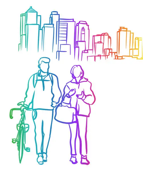 Vector illustration of Big City Street Happy Commute Couple Rainbow