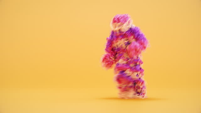 3d Animation colorful hairy cartoon monster character hip-hop dancing on yellow background, person wearing furry costume, funny mascot looping animation, modern minimal (Seamlessly Loopable) motion design stock video