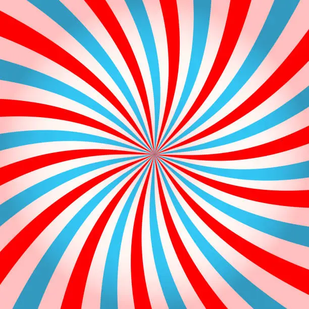 Vector illustration of Pink and blue radial twirled stipes, vortex effect, pinwheel pattern. Circus, carnival or festival background. Bubble gum, sweet lollipop candy, ice cream texture