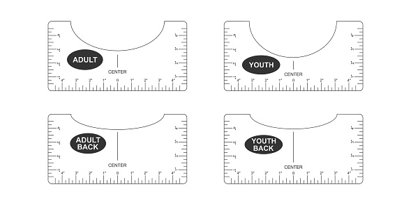 Set of t shirt alignment guides. Adult and youth size front and back templates. Rulers for centering clothing design. Sewing measurement tool with markup and inches numbers for print and cut.