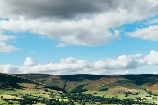 Beautiful field view on Edale village and Mam Tor at Peak District National Park, England, UK. Staycation concept of traveling local