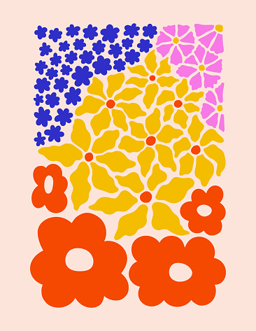 Abstract Various Flowers Poster. Modern Floral Naive Print in Contemporary Style. Trendy Groovy Vector Illustration in Bright Yellow, Blue, Green, Pink Colors for Case Phone, Cover, Flyer, Cards